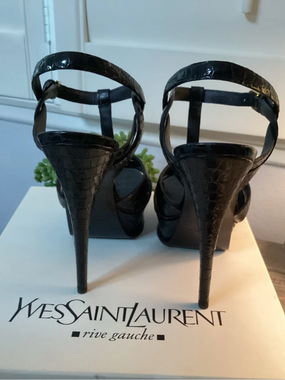Yves Saint Laurent Tribute 105 Platform in Black Croc Embossed Leather